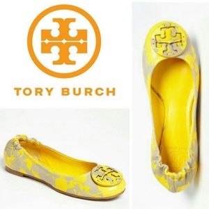 Tory Burch Yellow Floral Reva and Gray 8 Flats Like new